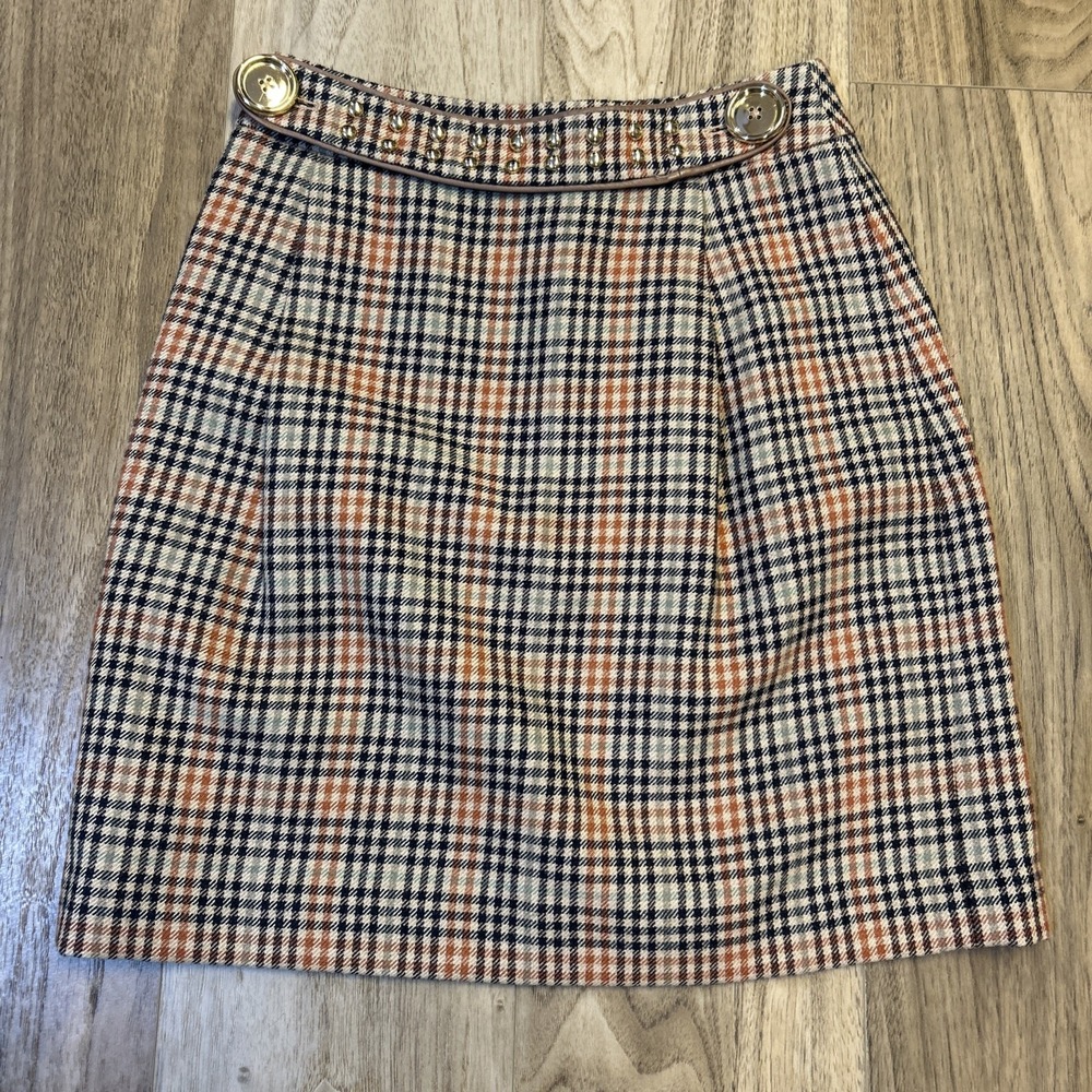 Tory Burch Mini Skirt Size 4  Wool/silk Blend Plaid With‎ Gold Details.